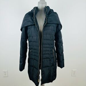Cole Haan Black Down Puffer Coat SZ M Gold Zipper Quilted Hooded Winter Jacket